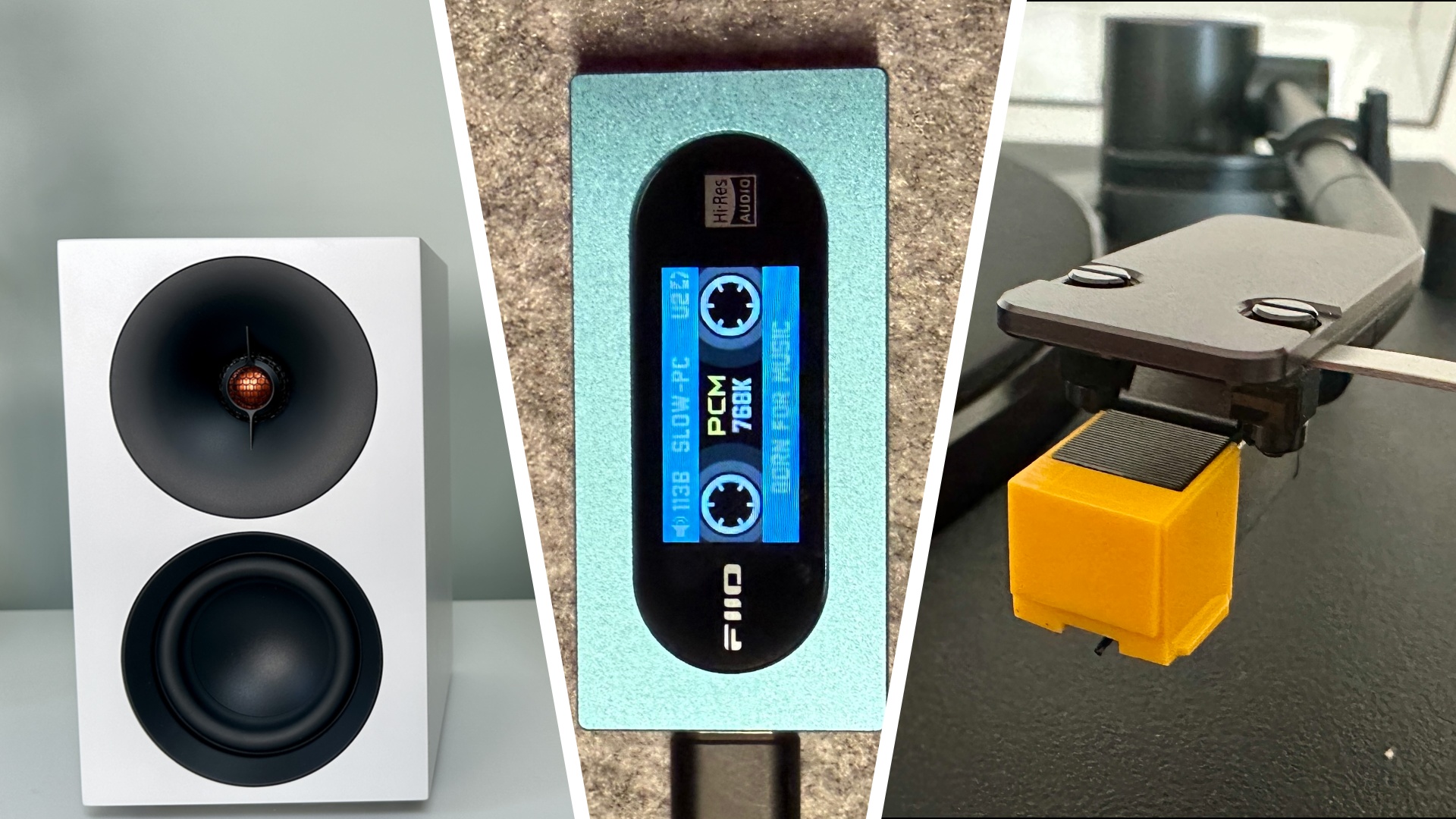 A Cambridge Audio bookshelf speaker, a Fiio DAC and a Sony turntable, all in a collage