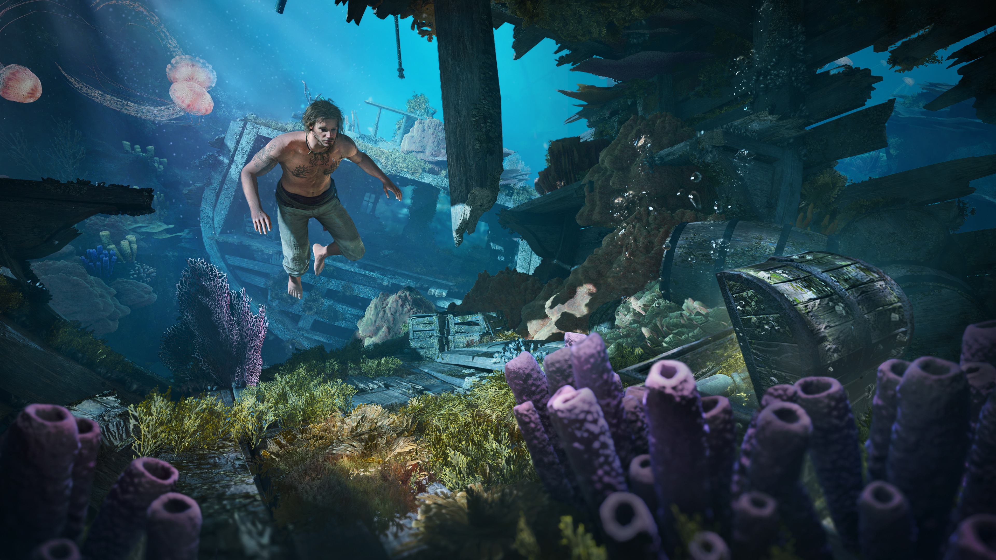 A screenshot of Edward Kenway swimming underwater in Assassin's Creed Black Flag Resynced