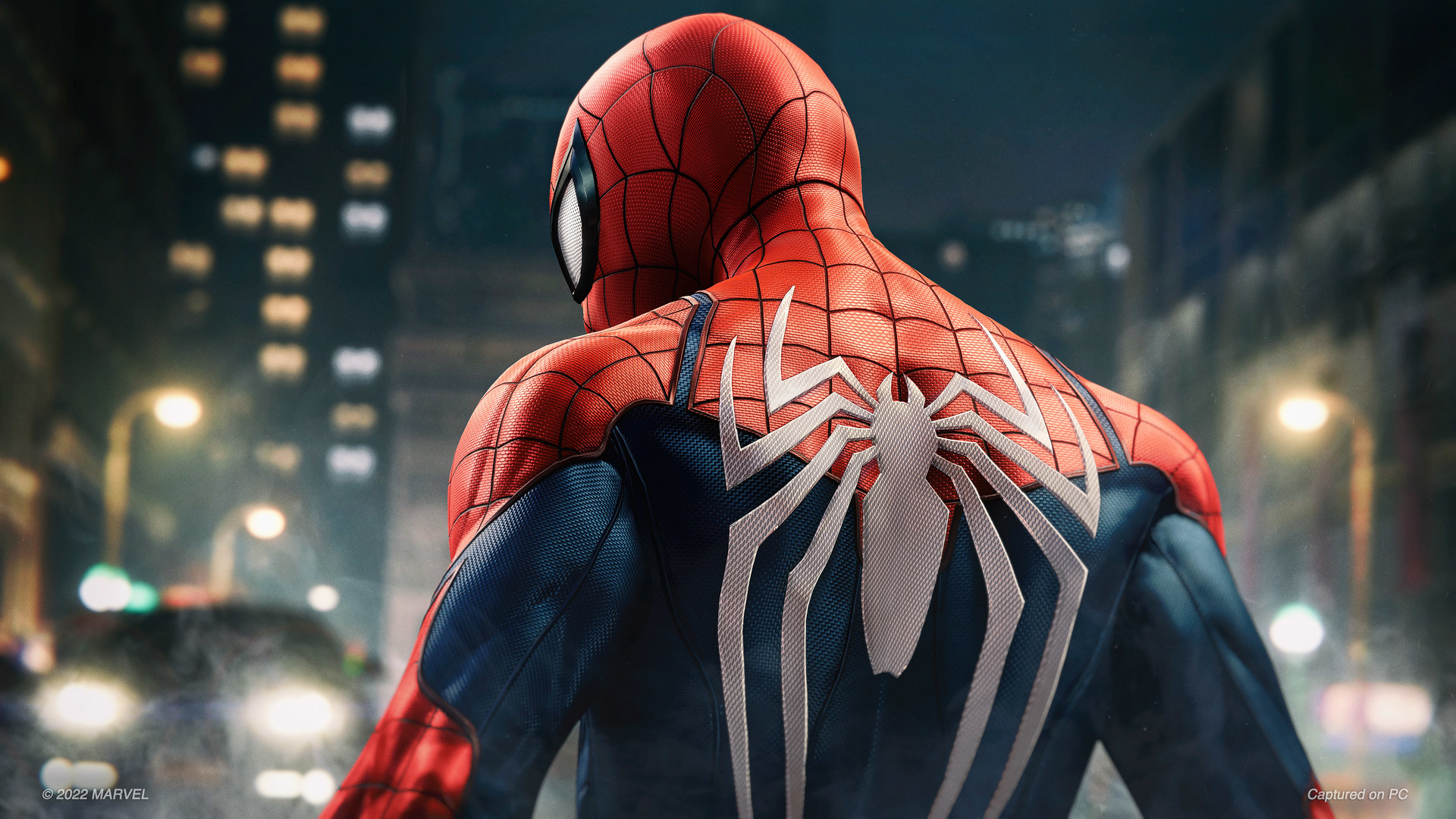 Spider-Man stands in a bustling New York street with his back to the camera, looking over his left shoulder.