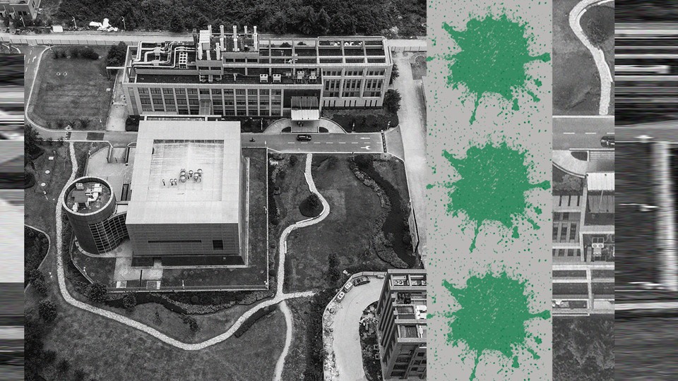 Wuhan Institute of Virology with some virus like splotches in green lined up beside it
