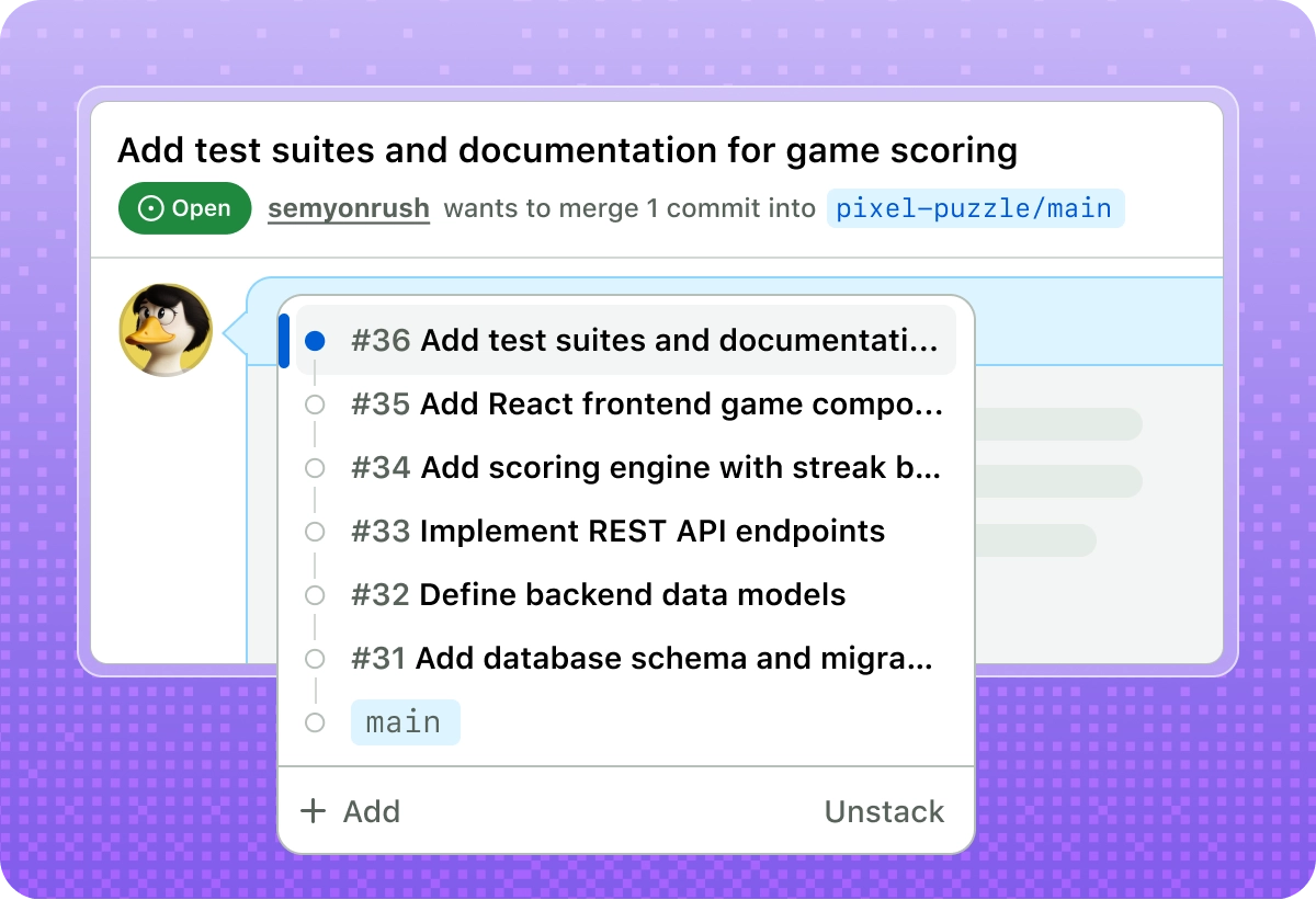 Stacked pull requests in GitHub, showing a chain of dependent changes from main to the current pull request.